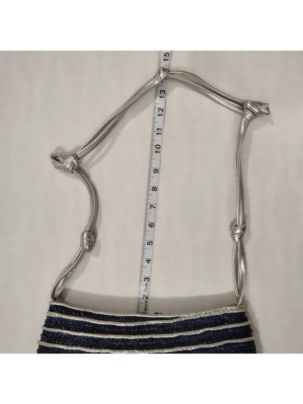 Worthington Straw Woven Shoulder Bag Purse Handbag Blue Silver Stripe Lined - Picture 11 of 16